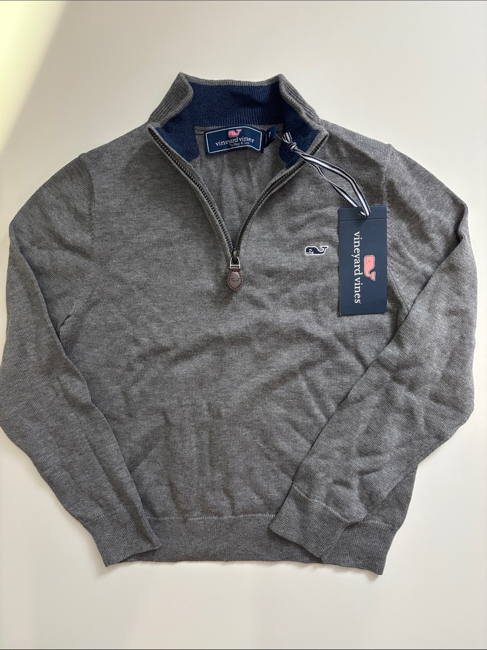 Vineyard Vines Boys Size 7 Gray 3/4 Zip Sweater Whale Logo NWT Cotton